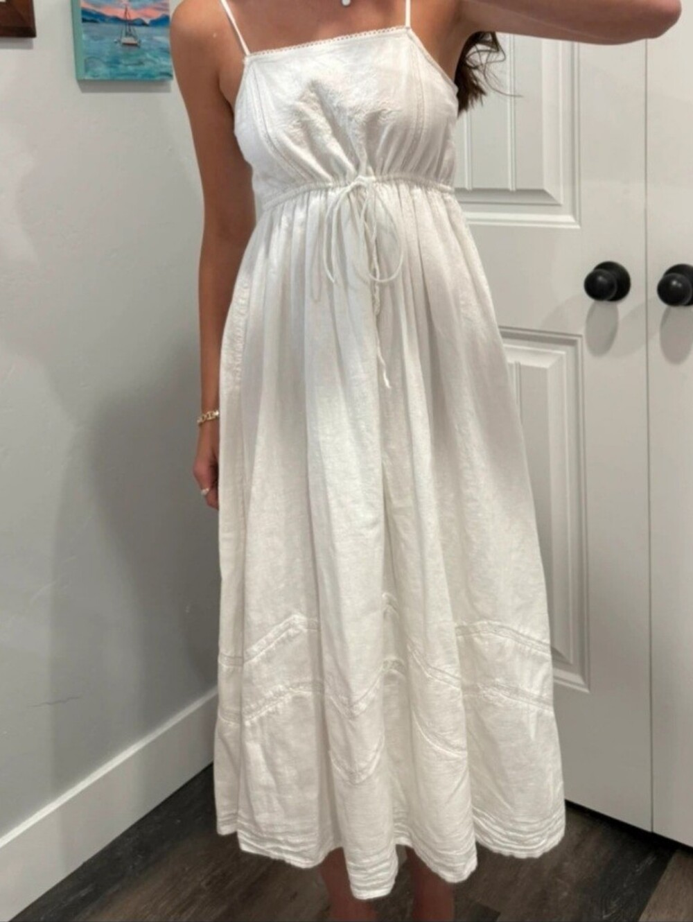 Zara White Spaghetti-Strap Midi Dress with Drawstring Waist